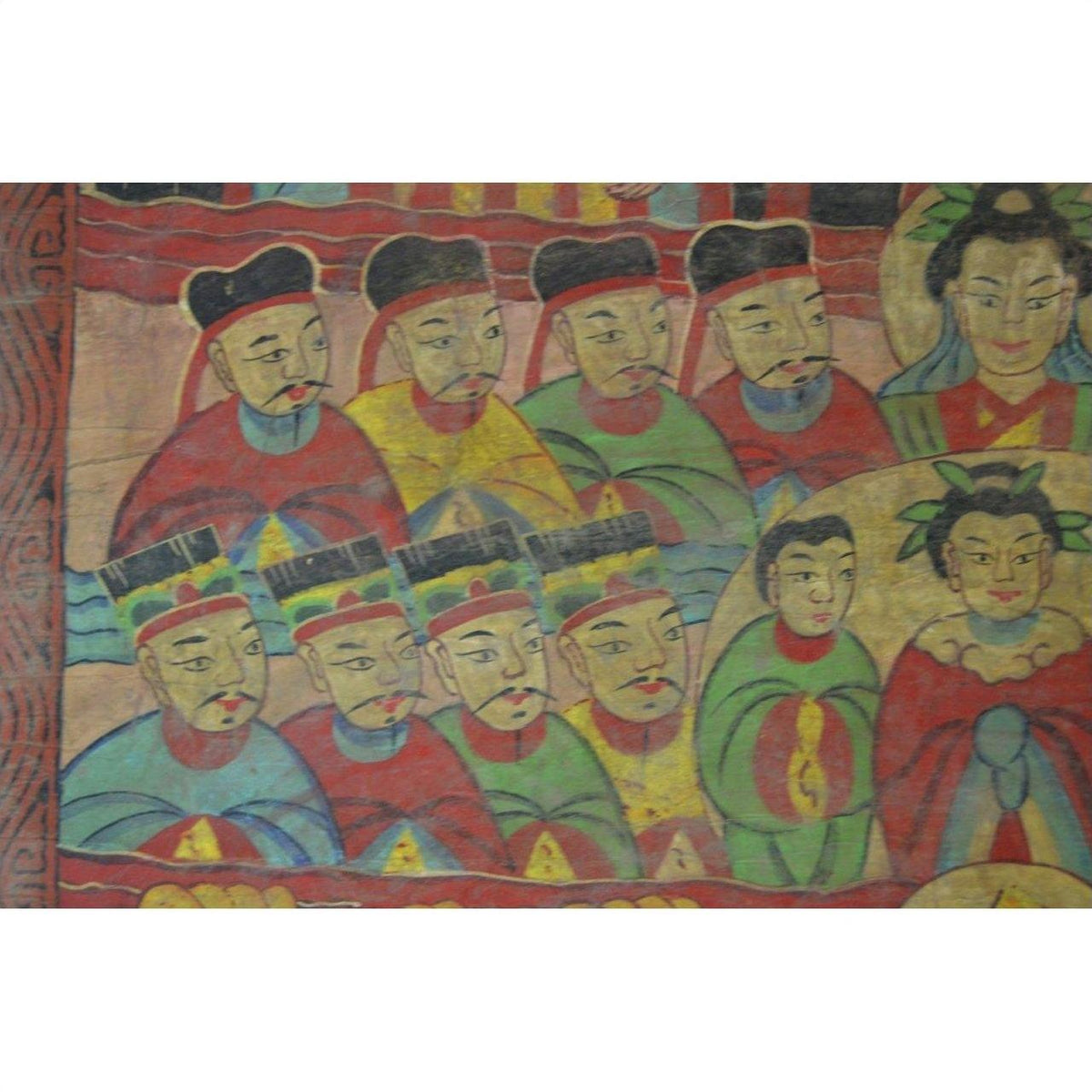Colorful parchment painting showing nine men and one woman in historic Chinese dress, traditional Laotian art style.
