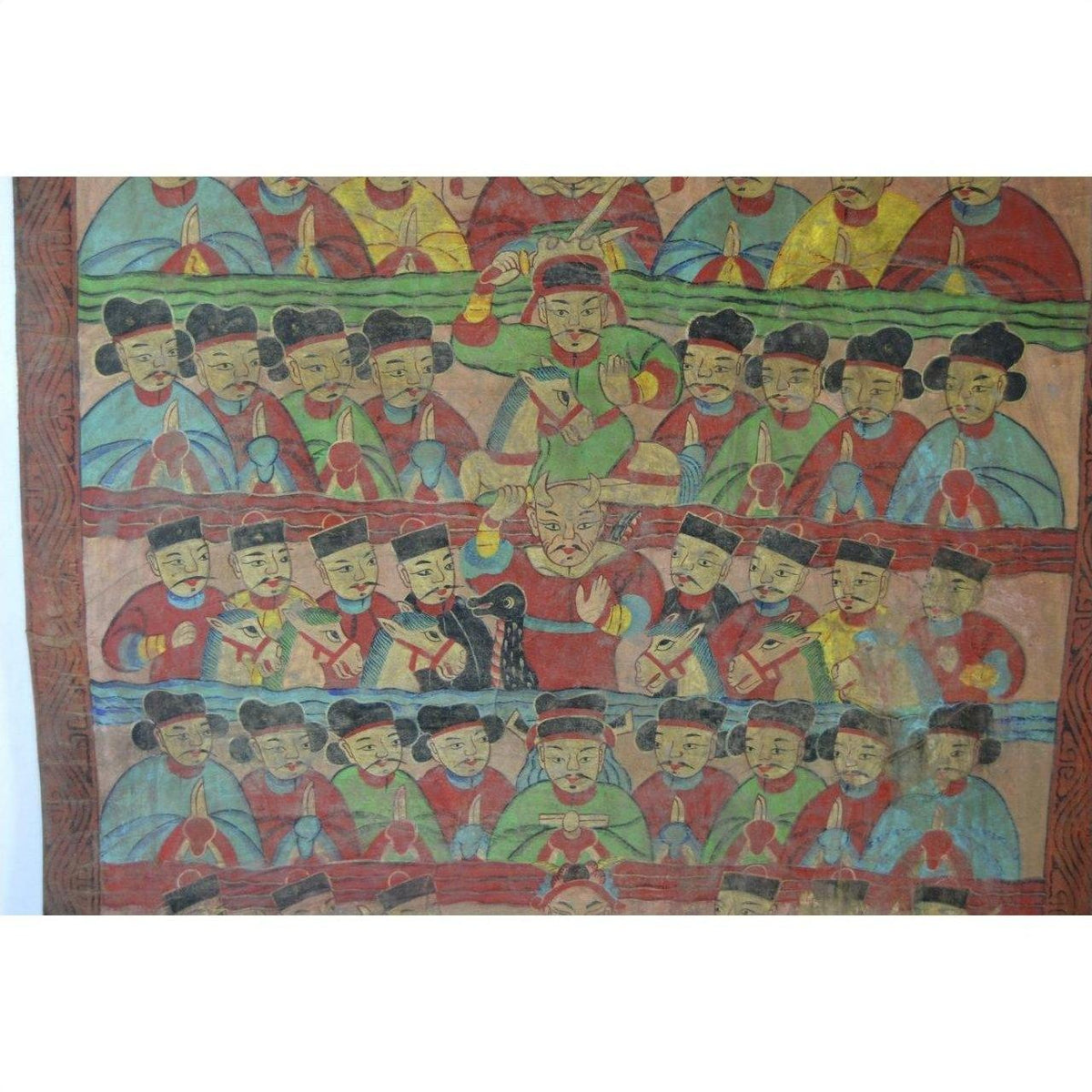 Colorful parchment painting featuring men in robes and hats, central figure with sword, in good condition.