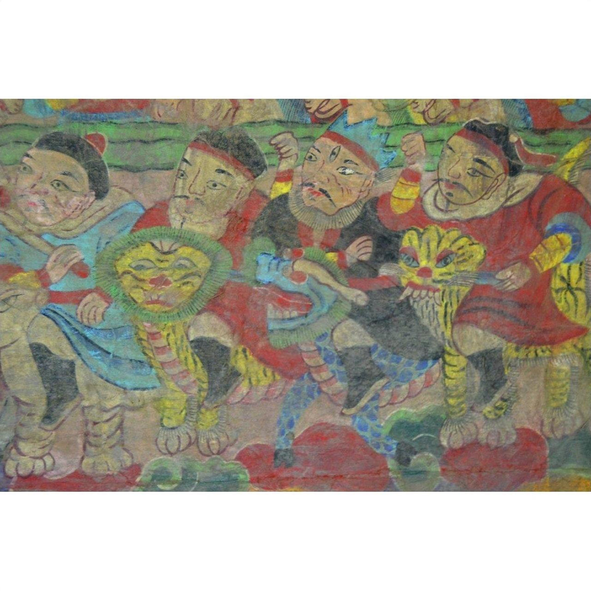 Colorful parchment painting featuring four figures in ornate costumes riding lion-like creatures, good condition.