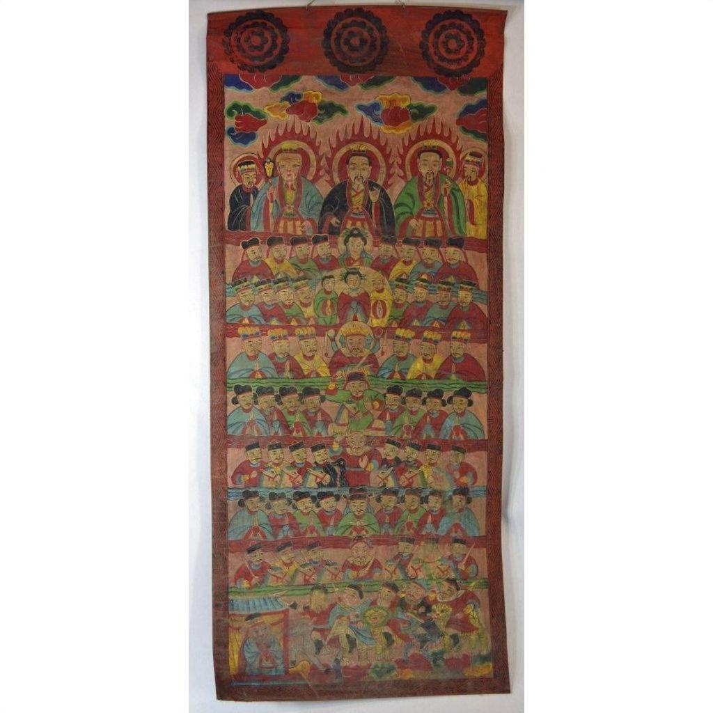 Colorful Laotian parchment painting of East Asian figures in robes, vertical artwork, multiple types shown.