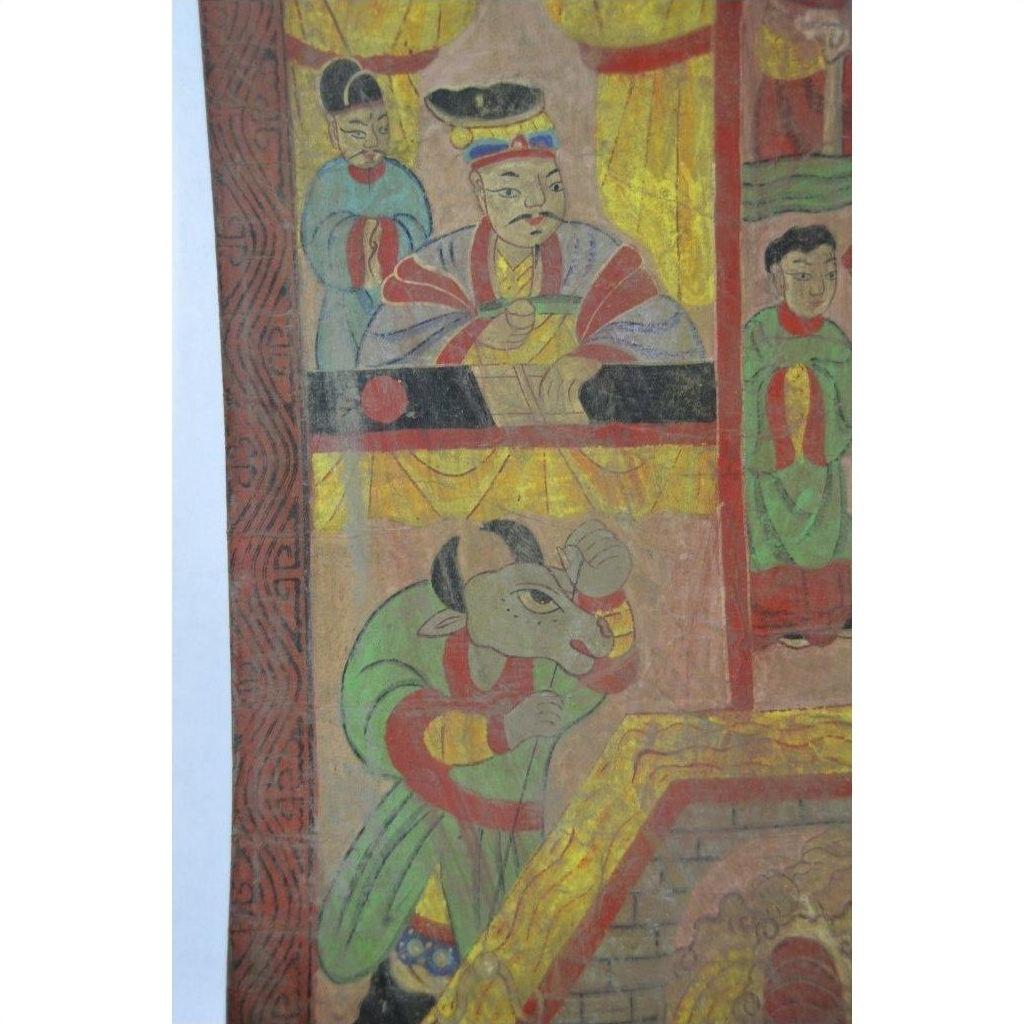 Multicolor Laotian parchment painting featuring a royal figure above an anthropomorphic ox, both in traditional dress.
