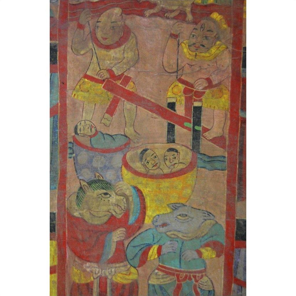 Colorful Laotian parchment painting showing two people in a cauldron above figures and animal-headed beings.