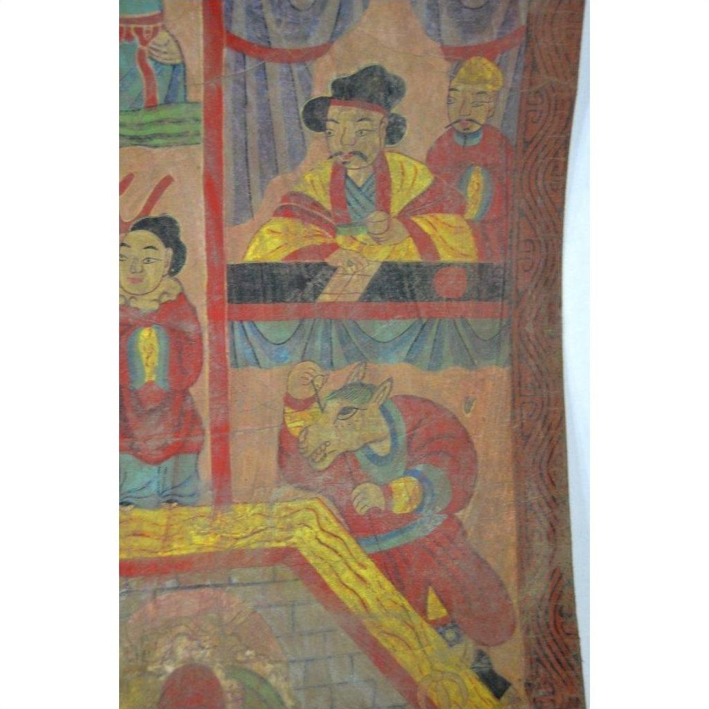 Colorful Laotian parchment painting depicting three robed men and a horse-headed figure indoors, in good condition.