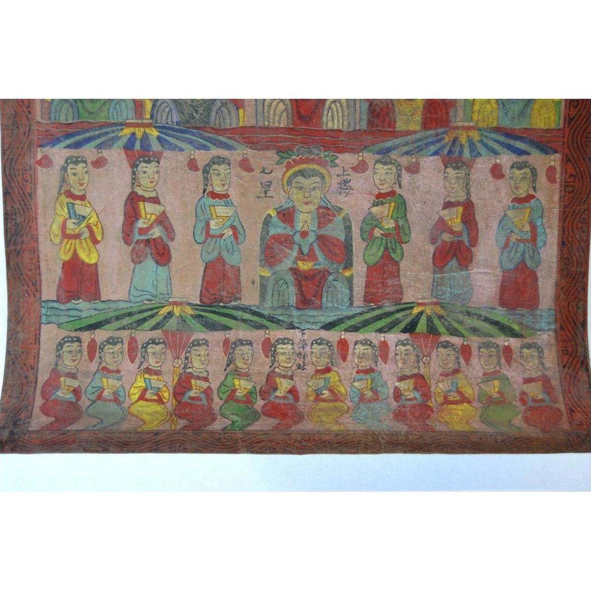 Colorful Laotian parchment painting with robed figures, central figure featured, multiple types, good condition.