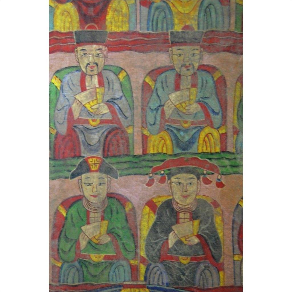 Multicolor parchment painting of four seated figures in traditional Laotian robes and hats, folk art style, close-up.