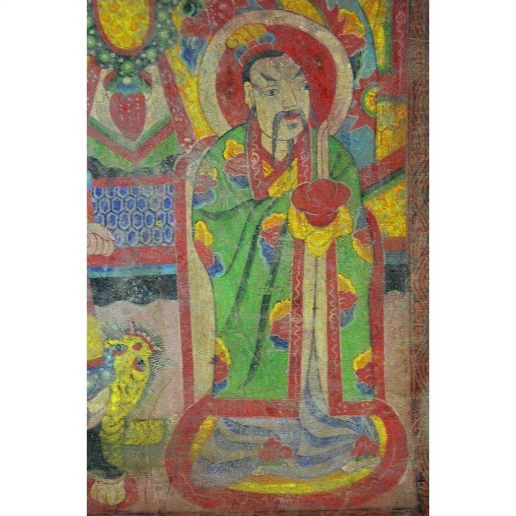 Colorful parchment painting with a robed figure, halo, red object, seated by lion; Laotian art in good condition.