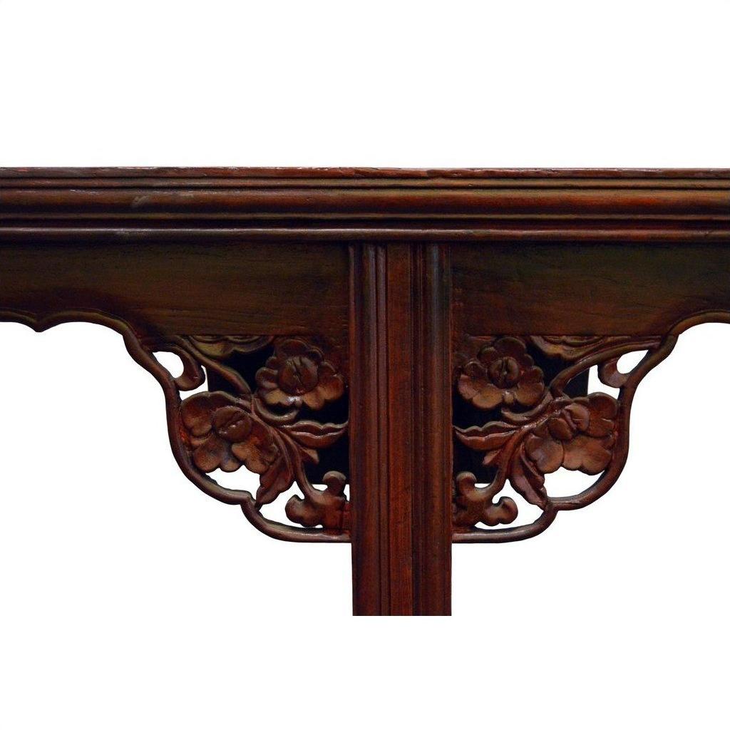 Close-up of dark stained antique elm wood with ornate floral carvings on Large Altar Table.