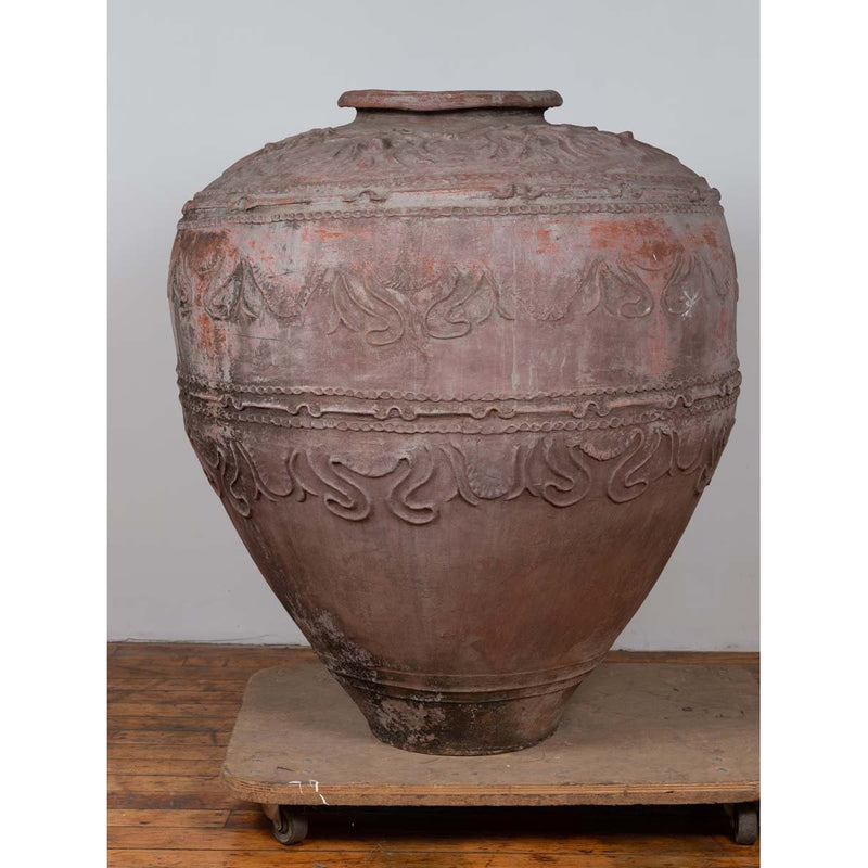 Large Antique Indonesian Terracotta Water Jar with Wavy Patterns and Aged Patina-YN6449-4. Asian & Chinese Furniture, Art, Antiques, Vintage Home Décor for sale at FEA Home