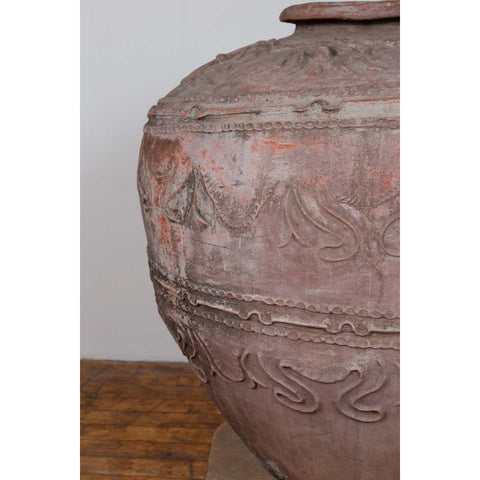 Large Antique Indonesian Terracotta Water Jar with Wavy Patterns and Aged Patina-YN6449-7. Asian & Chinese Furniture, Art, Antiques, Vintage Home Décor for sale at FEA Home