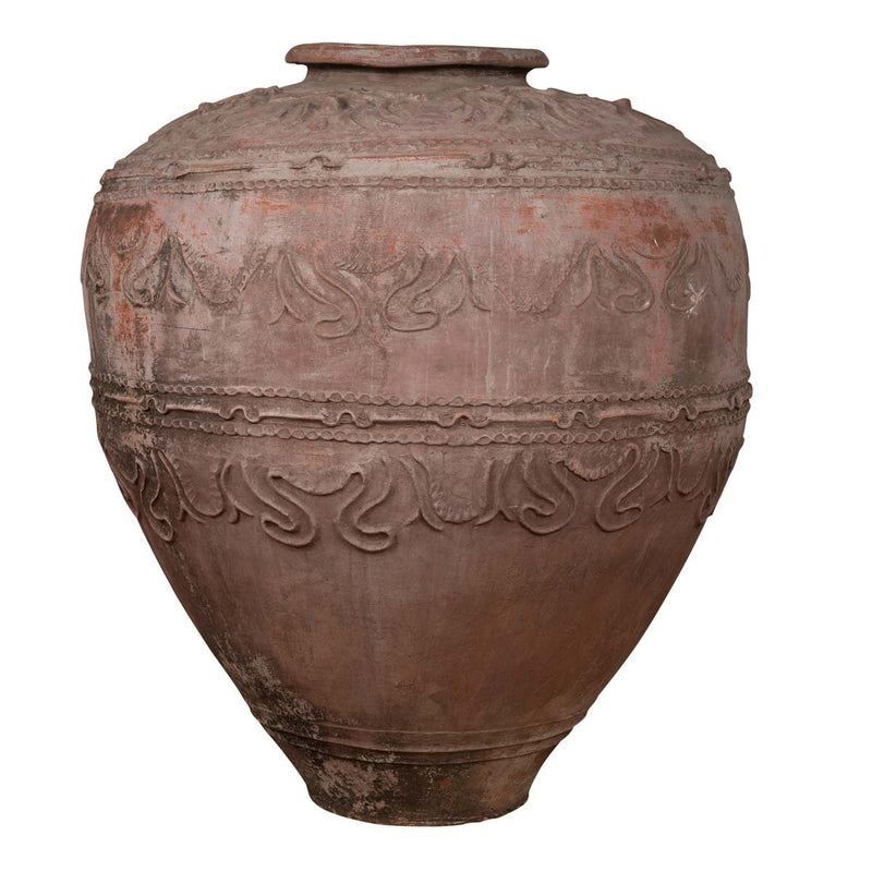 Large Antique Indonesian Terracotta Water Jar with Wavy Patterns and Aged Patina- Asian Antiques, Vintage Home Decor & Chinese Furniture - FEA Home