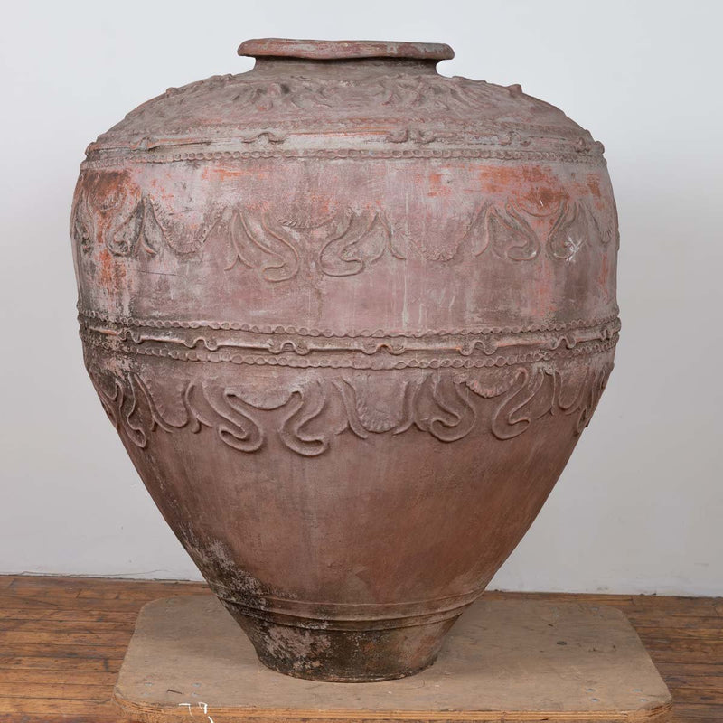 Large Antique Indonesian Terracotta Water Jar with Wavy Patterns and Aged Patina-YN6449-2. Asian & Chinese Furniture, Art, Antiques, Vintage Home Décor for sale at FEA Home