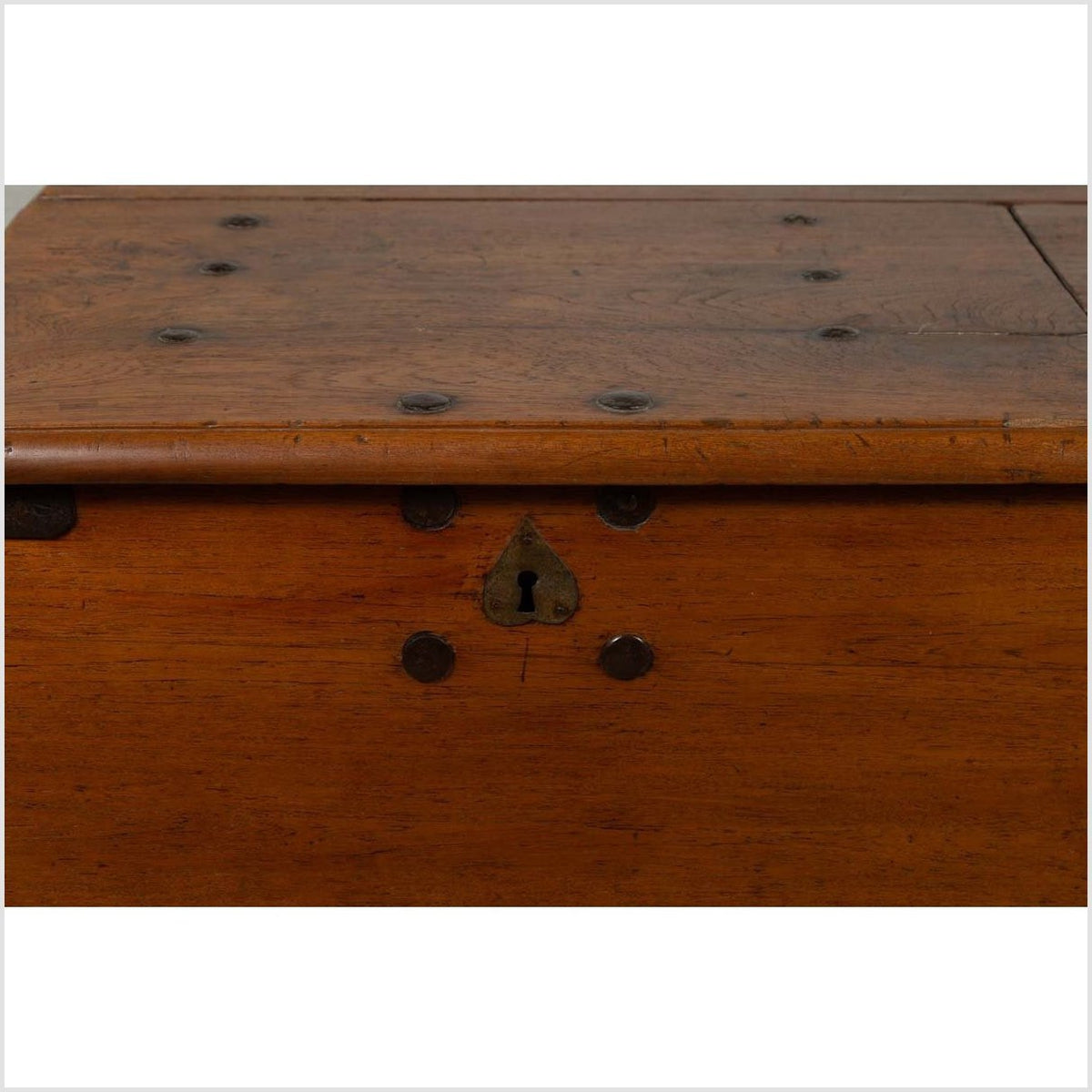Large Antique Javanese Teak Wood Blanket Chest on Wheels with Iron Nailheads-5. Asian &amp; Chinese Furniture, Art, Antiques, Vintage Home Décor for sale at FEA Home