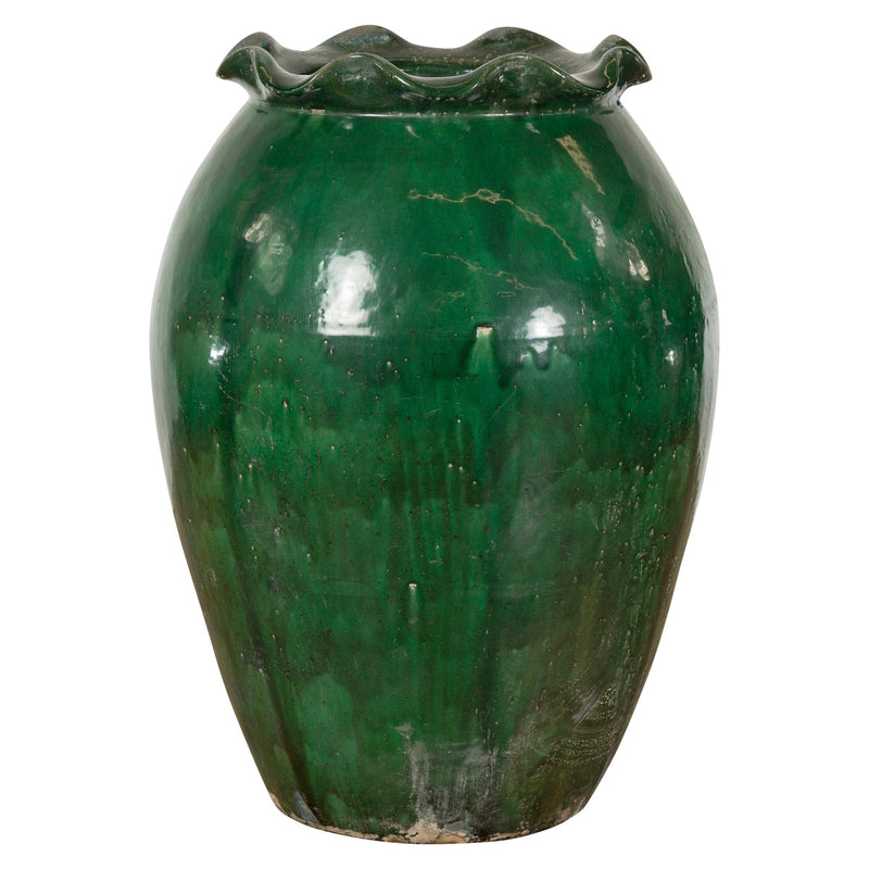 Large Antique Thai 19th Century Green Glazed Planter with Scalloped Lip-YN7742-1. Asian & Chinese Furniture, Art, Antiques, Vintage Home Décor for sale at FEA Home