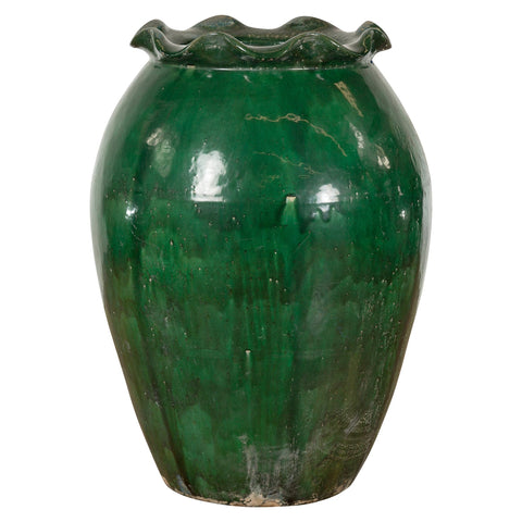 This-is-a-picture-of-a-Large Antique Thai 19th Century Green Glazed Planter with Scalloped Lip-image-position-1-style-YN7742-Shop-for-Vintage-and-Antique-Asian-and-Chinese-Furniture-for-sale-at-FEA Home-NYC