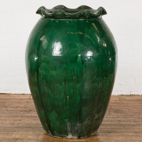 Large Antique Thai 19th Century Green Glazed Planter with Scalloped Lip-YN7742-10. Asian & Chinese Furniture, Art, Antiques, Vintage Home Décor for sale at FEA Home