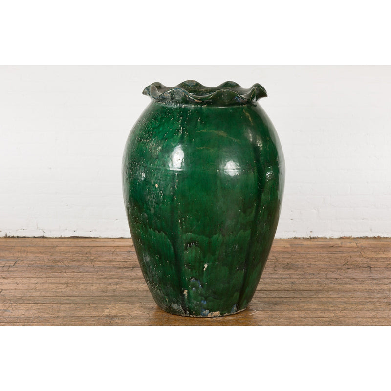 Large Antique Thai 19th Century Green Glazed Planter with Scalloped Lip-YN7742-11. Asian & Chinese Furniture, Art, Antiques, Vintage Home Décor for sale at FEA Home