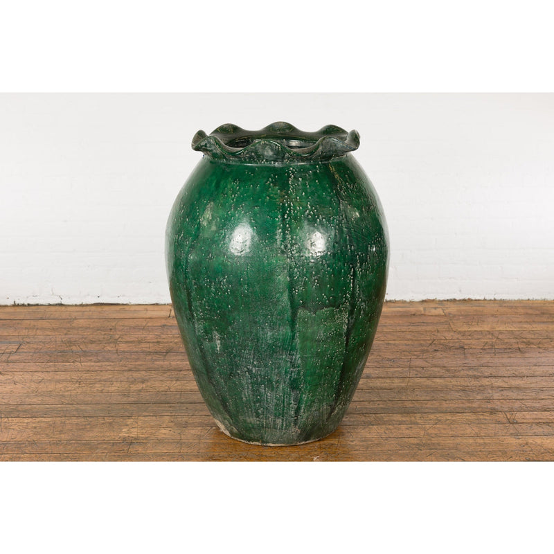 Large Antique Thai 19th Century Green Glazed Planter with Scalloped Lip-YN7742-2. Asian & Chinese Furniture, Art, Antiques, Vintage Home Décor for sale at FEA Home