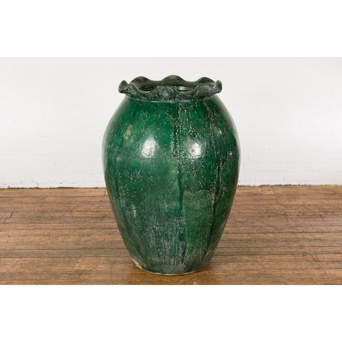 Large Antique Thai 19th Century Green Glazed Planter with Scalloped Lip-YN7742-2. Asian & Chinese Furniture, Art, Antiques, Vintage Home Décor for sale at FEA Home