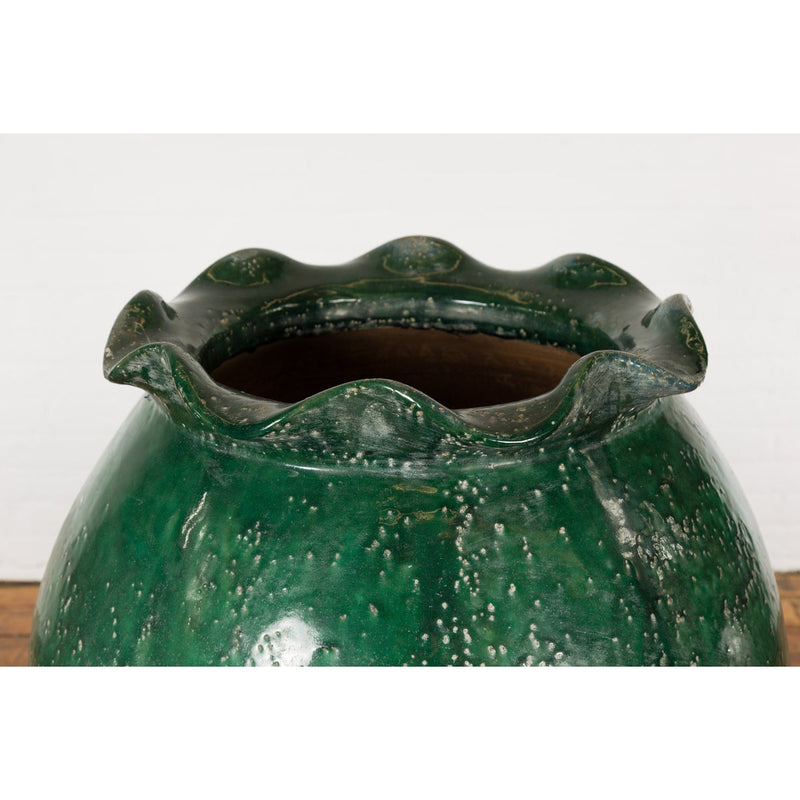 Large Antique Thai 19th Century Green Glazed Planter with Scalloped Lip-YN7742-3. Asian & Chinese Furniture, Art, Antiques, Vintage Home Décor for sale at FEA Home