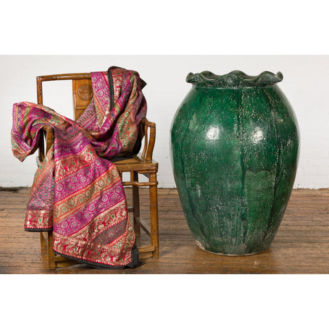 Large Antique Thai 19th Century Green Glazed Planter with Scalloped Lip-YN7742-8. Asian & Chinese Furniture, Art, Antiques, Vintage Home Décor for sale at FEA Home