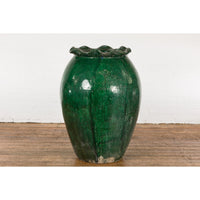 Large Antique Thai 19th Century Green Glazed Planter with Scalloped Lip