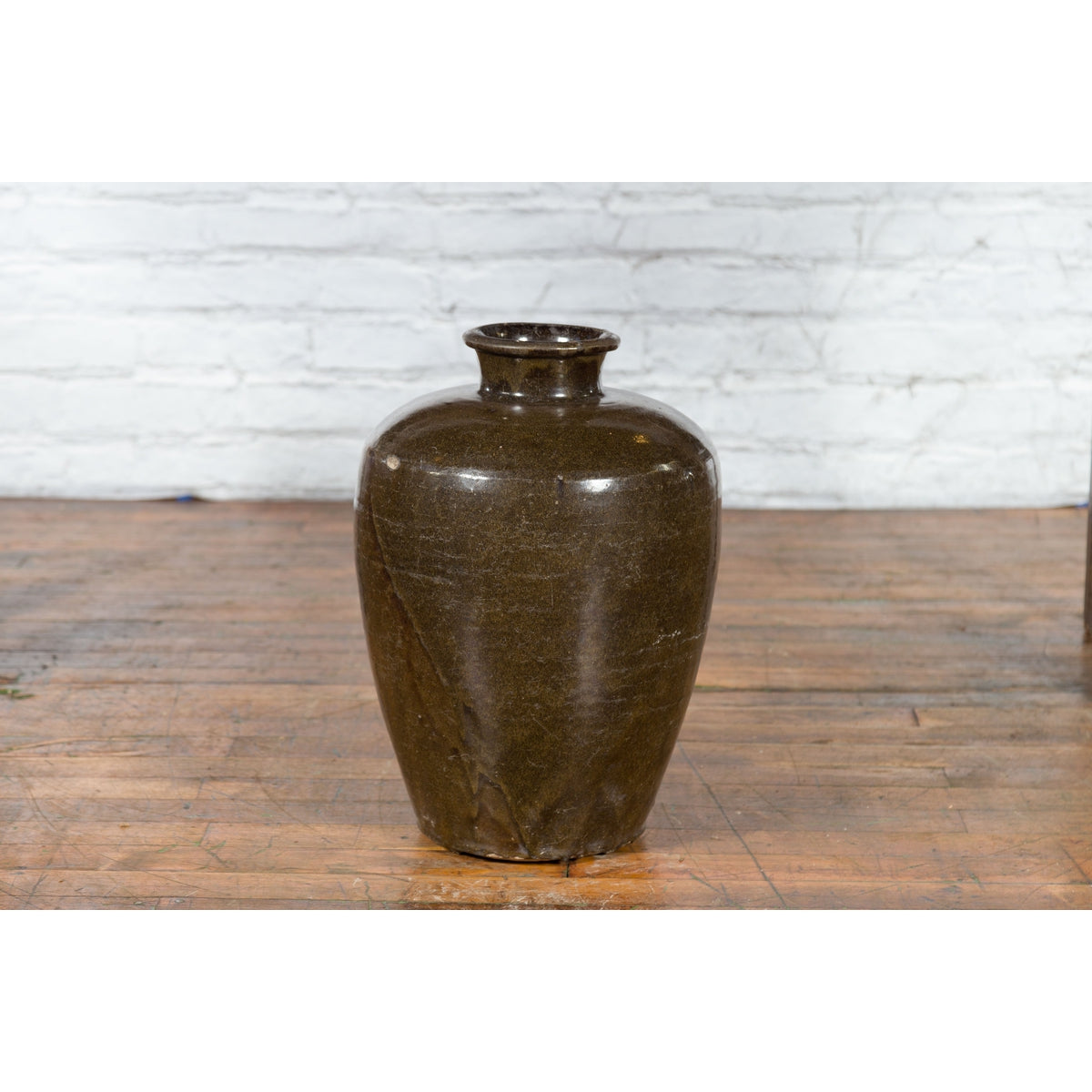 Large Antique Thai Monochrome Glazed Storage Jar with Tapering Lines-12. Asian &amp; Chinese Furniture, Art, Antiques, Vintage Home Décor for sale at FEA Home