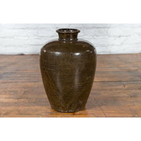 Large Antique Thai Monochrome Glazed Storage Jar with Tapering Lines