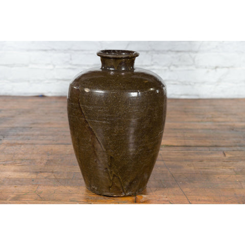 Large Antique Thai Monochrome Glazed Storage Jar with Tapering Lines