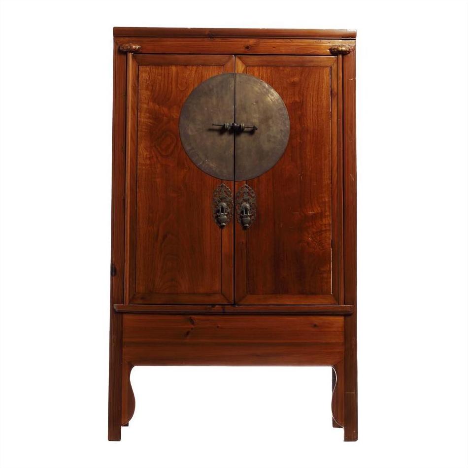 Dark wood Chinese armoire, 19th-century, round medallion hardware, double doors, curved legs, front view.