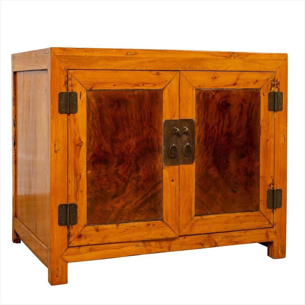 Brown and tan burl and elm wood cabinet with doors, two-tone finish, round central lock, antique style.