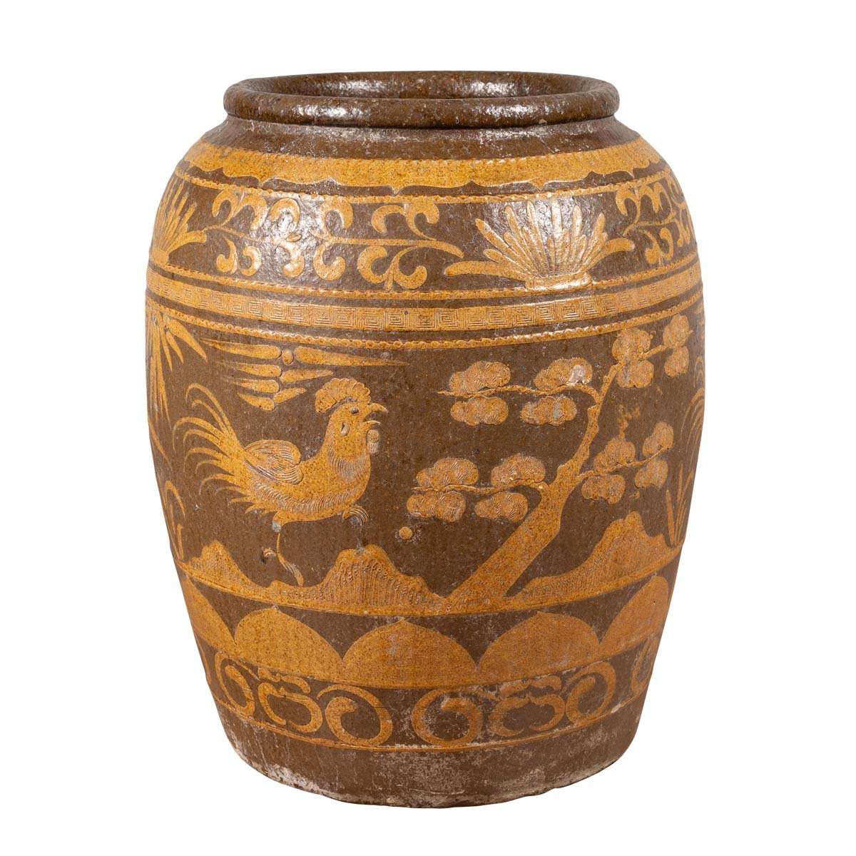 Large Chinese Antique Planter with Mustard Glaze & Bird Design-1. Asian & Chinese Furniture, Art, Antiques, Vintage Home Décor for sale at FEA Home