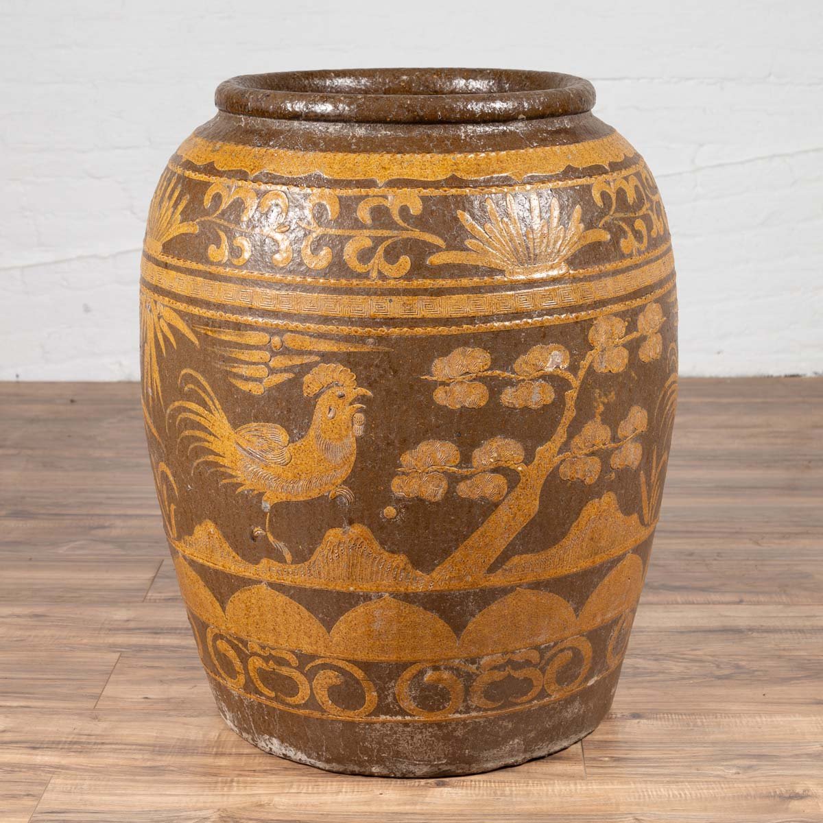 Large Chinese Antique Planter with Mustard Glaze & Bird Design-2. Asian & Chinese Furniture, Art, Antiques, Vintage Home Décor for sale at FEA Home