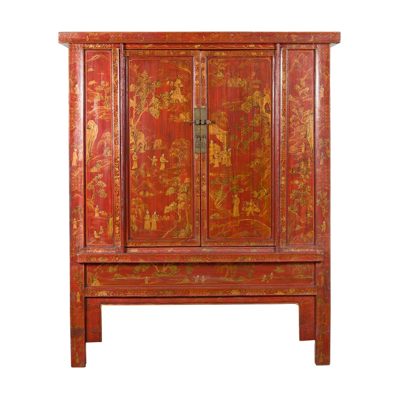 Large Chinese Qing Dynasty 19th Century Red Lacquer Armoire with Gilt Décor-1. Asian & Chinese Furniture, Art, Antiques, Vintage Home Décor for sale at FEA Home