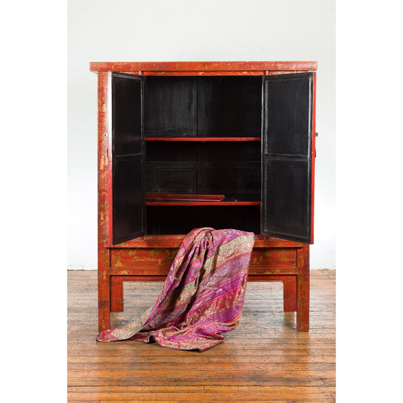 Large Chinese Qing Dynasty 19th Century Red Lacquer Armoire with Gilt Décor-10. Asian & Chinese Furniture, Art, Antiques, Vintage Home Décor for sale at FEA Home