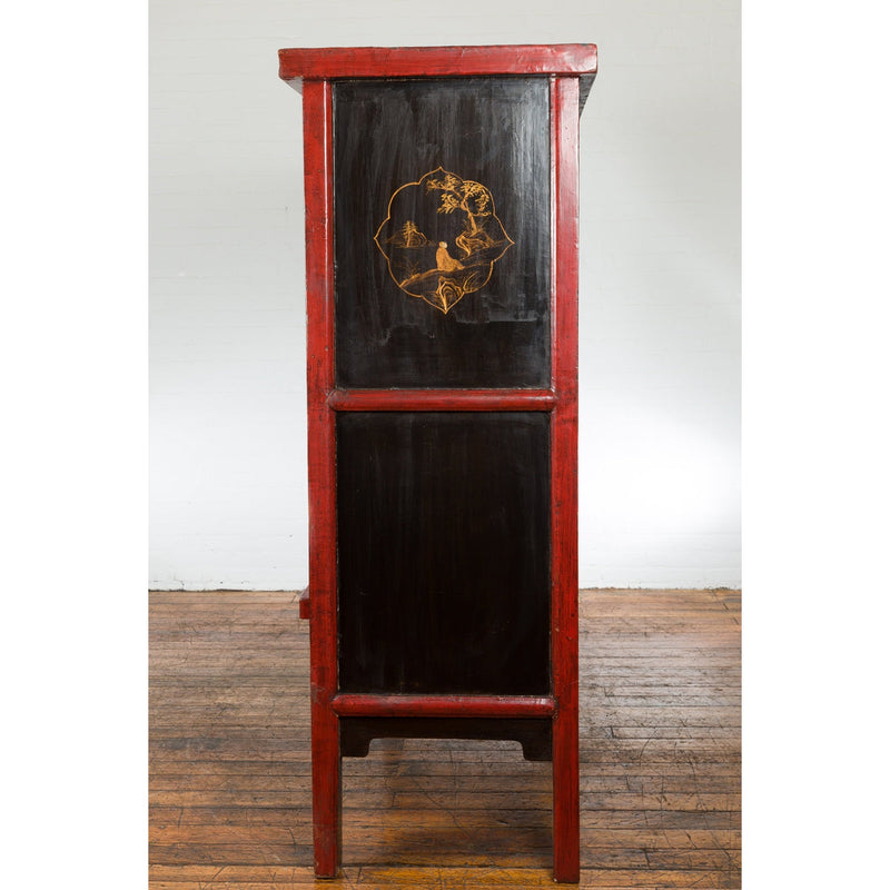 Large Chinese Qing Dynasty 19th Century Red Lacquer Armoire with Gilt Décor-14. Asian & Chinese Furniture, Art, Antiques, Vintage Home Décor for sale at FEA Home