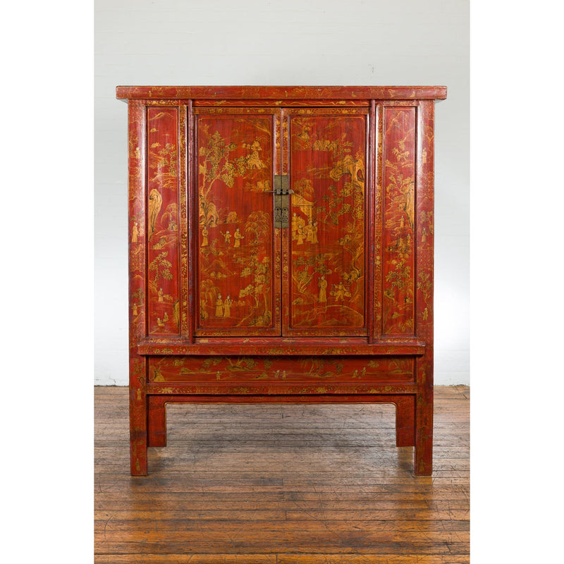 This-is-a-picture-of-a-Large Chinese Qing Dynasty 19th Century Red Lacquer Armoire with Gilt Décor-image-position-3-style-YN2649-Shop-for-Vintage-and-Antique-Asian-and-Chinese-Furniture-for-sale-at-FEA Home-NYC
