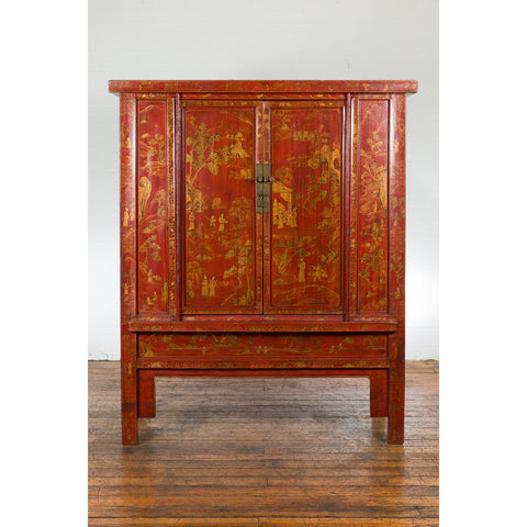 Large Chinese Qing Dynasty 19th Century Red Lacquer Armoire with Gilt Décor