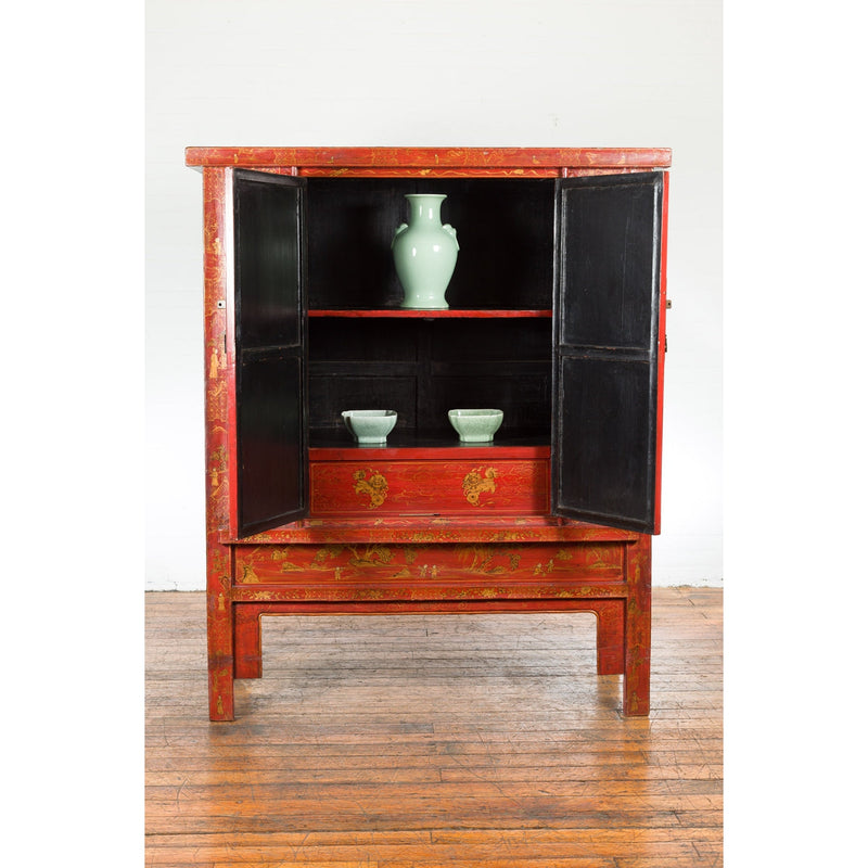 This-is-a-picture-of-a-Large Chinese Qing Dynasty 19th Century Red Lacquer Armoire with Gilt Décor-image-position-4-style-YN2649-Shop-for-Vintage-and-Antique-Asian-and-Chinese-Furniture-for-sale-at-FEA Home-NYC