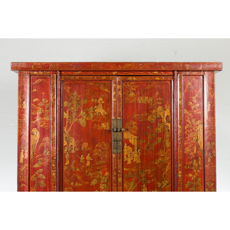 This-is-a-picture-of-a-Large Chinese Qing Dynasty 19th Century Red Lacquer Armoire with Gilt Décor-image-position-5-style-YN2649-Shop-for-Vintage-and-Antique-Asian-and-Chinese-Furniture-for-sale-at-FEA Home-NYC