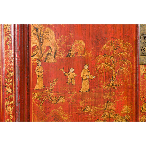 Large Chinese Qing Dynasty 19th Century Red Lacquer Armoire with Gilt Décor-6. Asian & Chinese Furniture, Art, Antiques, Vintage Home Décor for sale at FEA Home