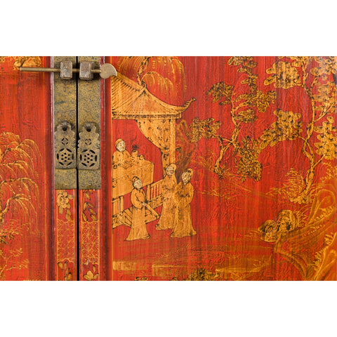 Large Chinese Qing Dynasty 19th Century Red Lacquer Armoire with Gilt Décor-7. Asian & Chinese Furniture, Art, Antiques, Vintage Home Décor for sale at FEA Home