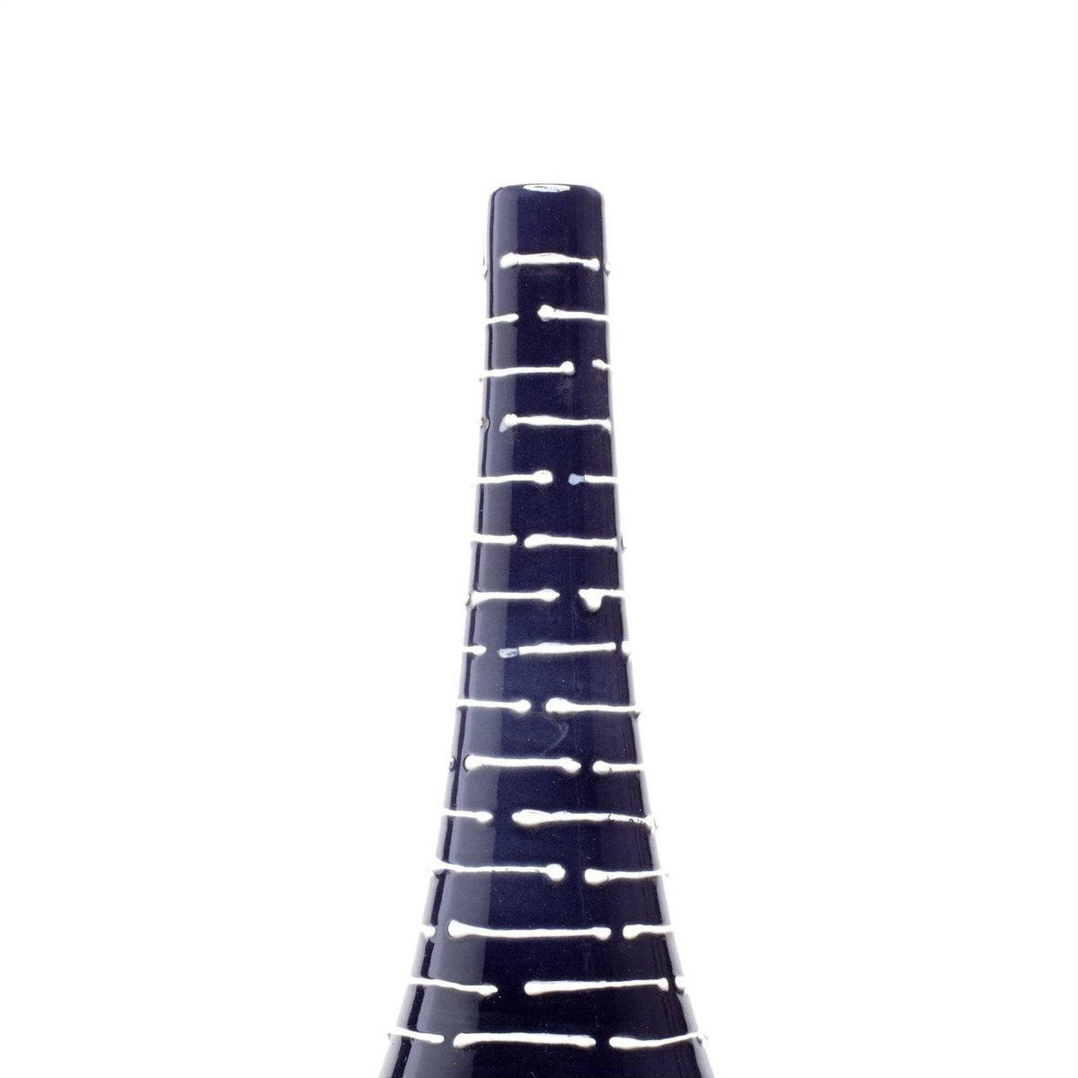 Dark blue ceramic Thai vase with white lines, handmade in Northern Thailand, on a plain white background.