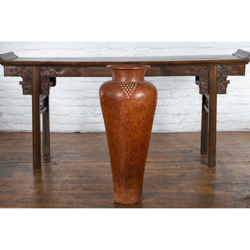 Large Vintage Asian Handcrafted Vase with White Inlaid Triangular Motifs-10. Asian & Chinese Furniture, Art, Antiques, Vintage Home Décor for sale at FEA Home