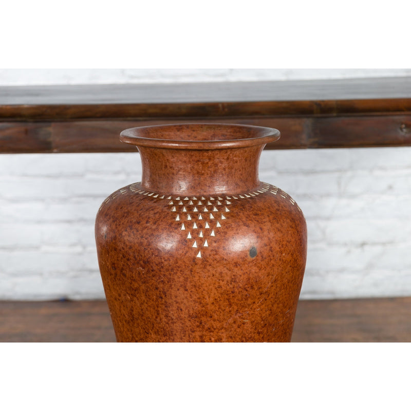 Large Vintage Asian Handcrafted Vase with White Inlaid Triangular Motifs-12. Asian & Chinese Furniture, Art, Antiques, Vintage Home Décor for sale at FEA Home