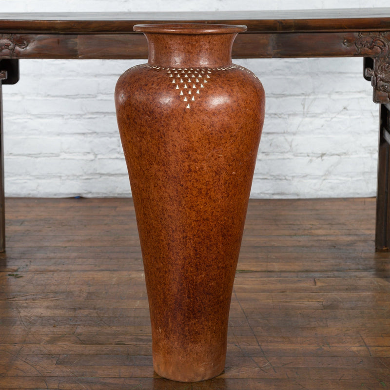 Large Vintage Asian Handcrafted Vase with White Inlaid Triangular Motifs-13. Asian & Chinese Furniture, Art, Antiques, Vintage Home Décor for sale at FEA Home