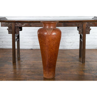 Large Vintage Asian Handcrafted Vase with White Inlaid Triangular Motifs