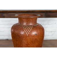 Large Vintage Asian Handcrafted Vase with White Inlaid Triangular Motifs