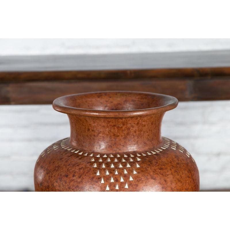 Large Vintage Asian Handcrafted Vase with White Inlaid Triangular Motifs-5. Asian & Chinese Furniture, Art, Antiques, Vintage Home Décor for sale at FEA Home