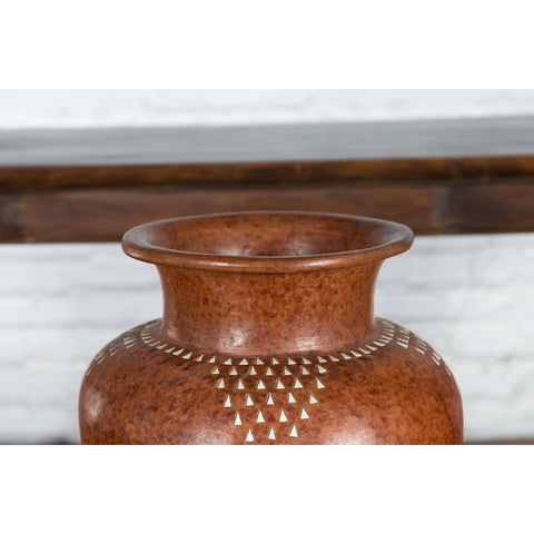 Large Vintage Asian Handcrafted Vase with White Inlaid Triangular Motifs-5. Asian & Chinese Furniture, Art, Antiques, Vintage Home Décor for sale at FEA Home