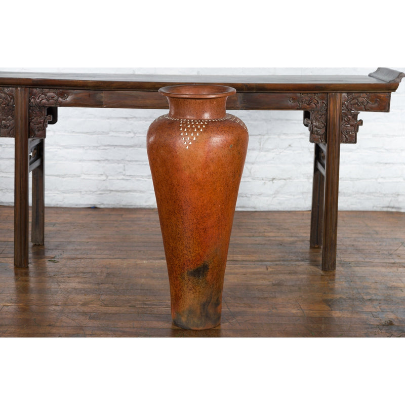 Large Vintage Asian Handcrafted Vase with White Inlaid Triangular Motifs-8. Asian & Chinese Furniture, Art, Antiques, Vintage Home Décor for sale at FEA Home